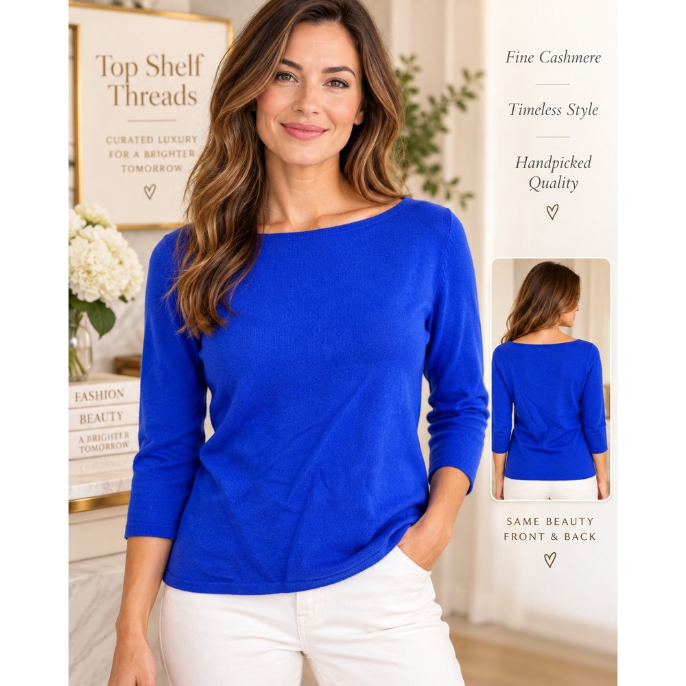 Investments Fine Cashmere Women M Royal Blue Boat Neck 3/4 Sleeve Sweater Preppy